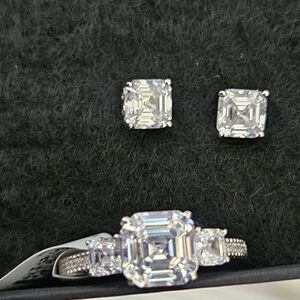 Stunning Asscher Cut Ring & Earrings 950 Platinum Over Sterling Silver